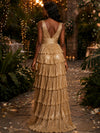 Metallic Satin A-Line V Neck Evening Dresses with Side Slit