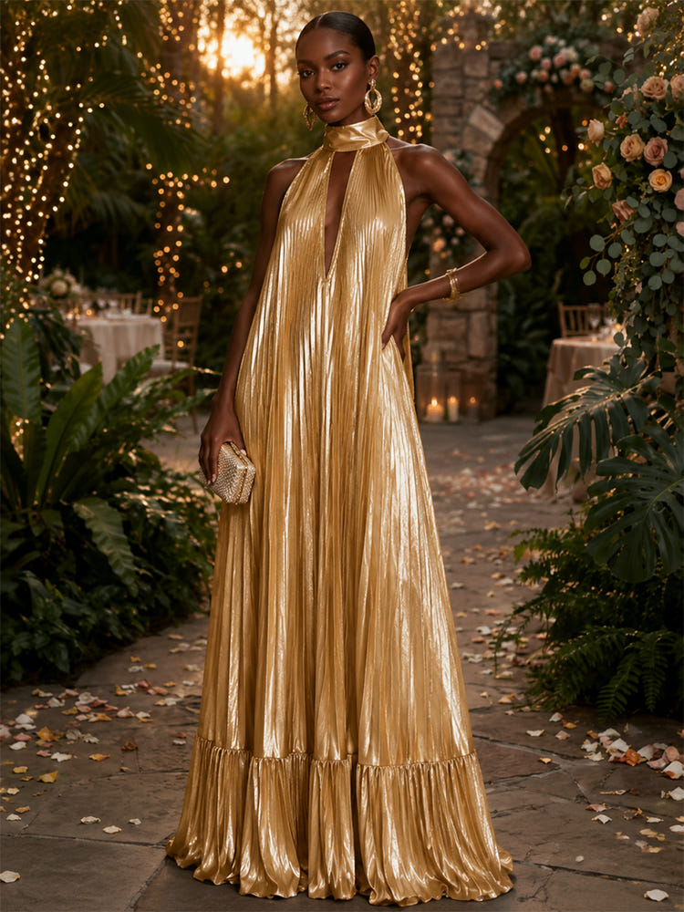 Metallic Satin A-Line Halter Evening Dresses with Deep V Neck