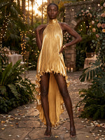 Metallic Satin A-Line Halter Evening Dresses with Ruffles