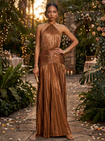Metallic Satin A-Line Halter Evening Dresses with Delicate Pleated