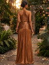 Metallic Satin A-Line Halter Evening Dresses with Delicate Pleated