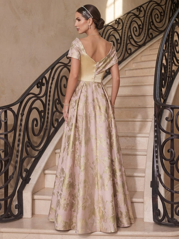 Jacquard A-Line Asymmetric Neck Evening Dresses with Side Waist Ruched Shaping Detail