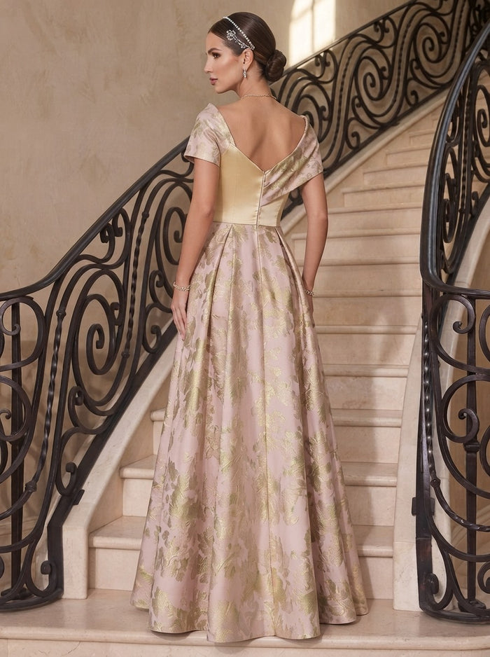 Jacquard A-Line Asymmetric Neck Evening Dresses with Side Waist Ruched Shaping Detail