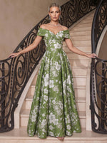 Jacquard A-Line Off Shoulder Evening Dresses with Twist Front Bodice Design