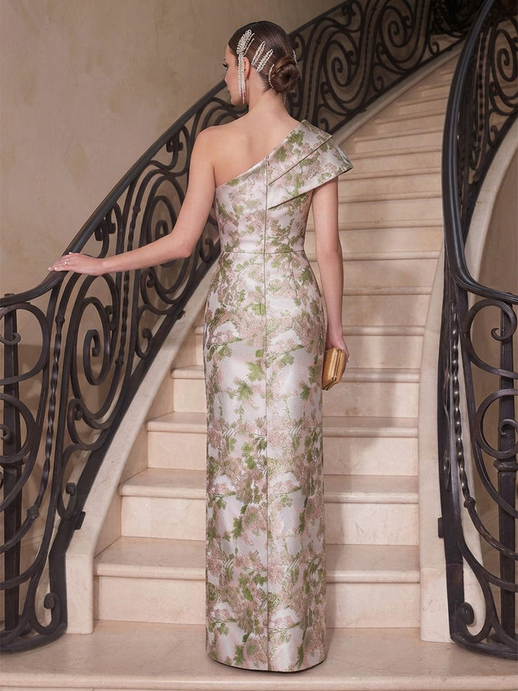 Jacquard Sheath One Shoulder Evening Dresses with Side Slit