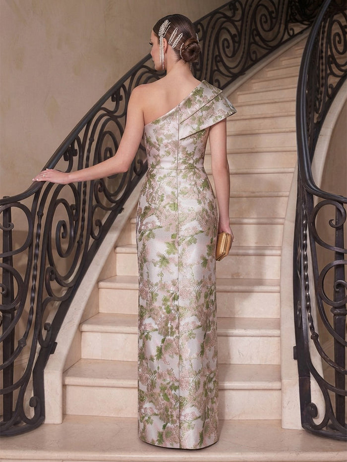 Jacquard Sheath One Shoulder Evening Dresses with Side Slit
