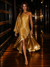 Metallic Satin Mermaid One Shoulder Evening Dresses with High-Low Ruffled Hem