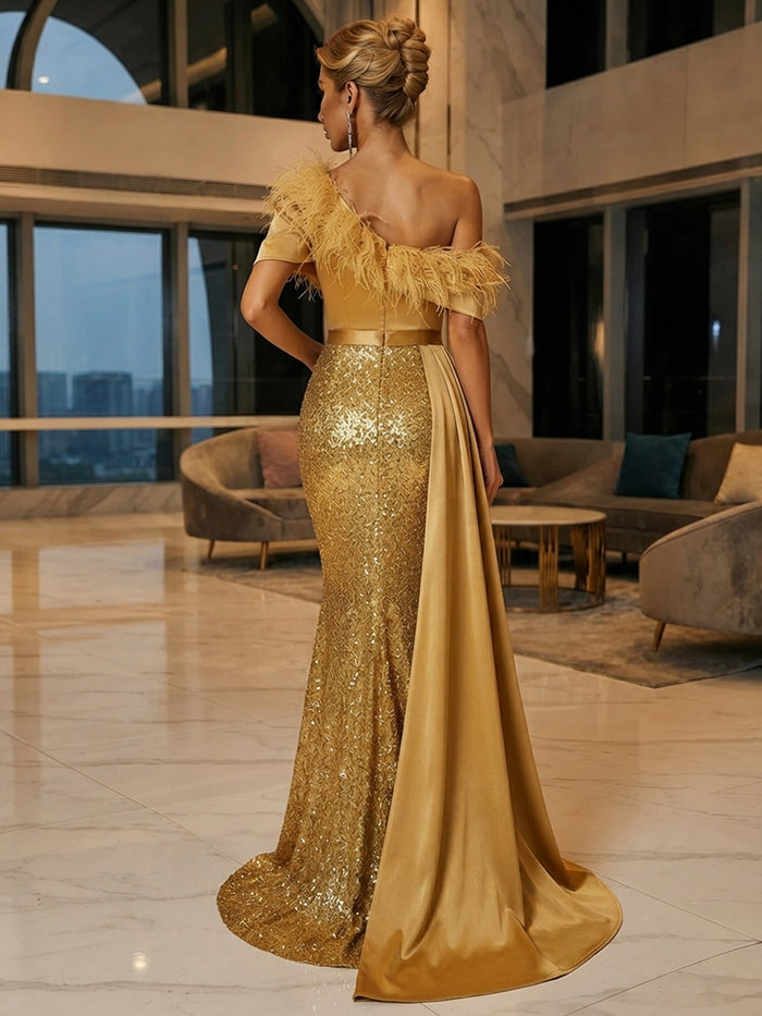 Sequin Mermaid One Shoulder Evening Dresses with Feathers