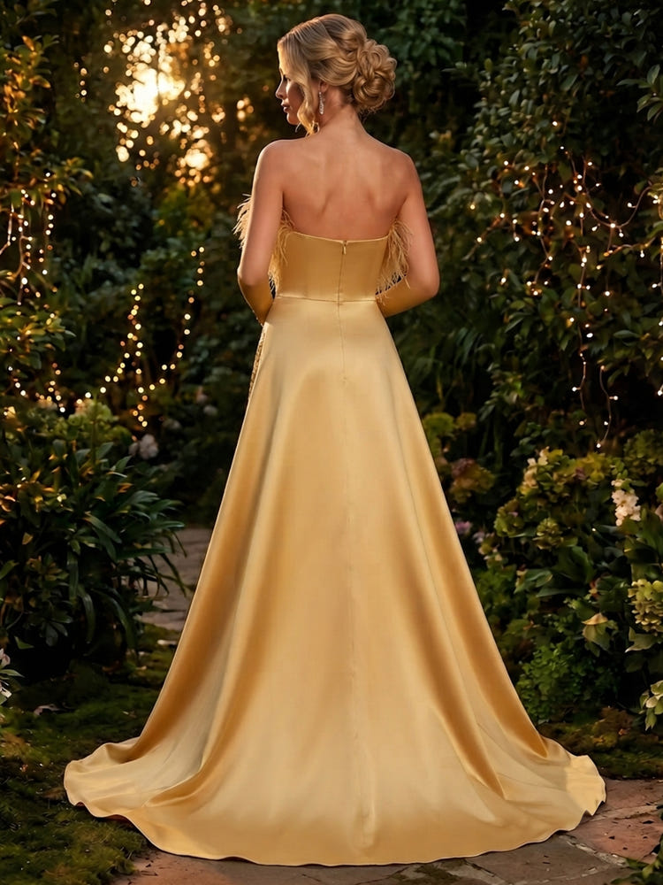 Sequin Mermaid Strapless Evening Dresses with Feathers