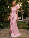 Satin Mermaid One Shoulder Evening Dresses with Ruffles