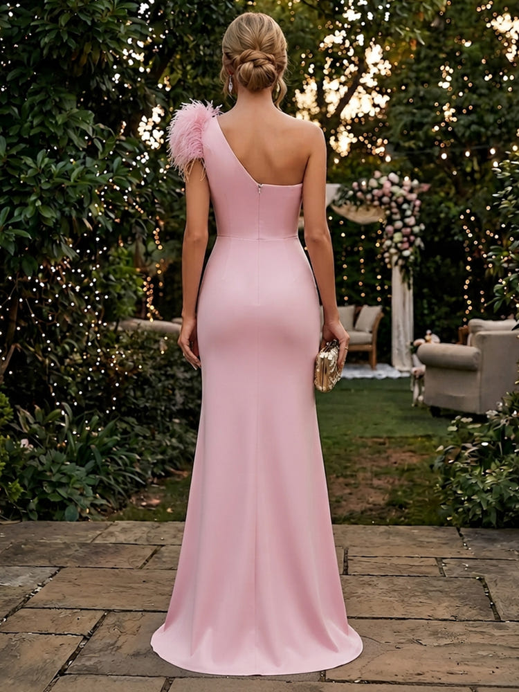 Satin Mermaid One Shoulder Evening Dresses with Ruffles