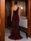 Sequin Mermaid One Shoulder Evening Dresses with Keyhole
