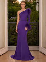 Jersey Mermaid One Shoulder Evening Dresses with Luxurious Feather