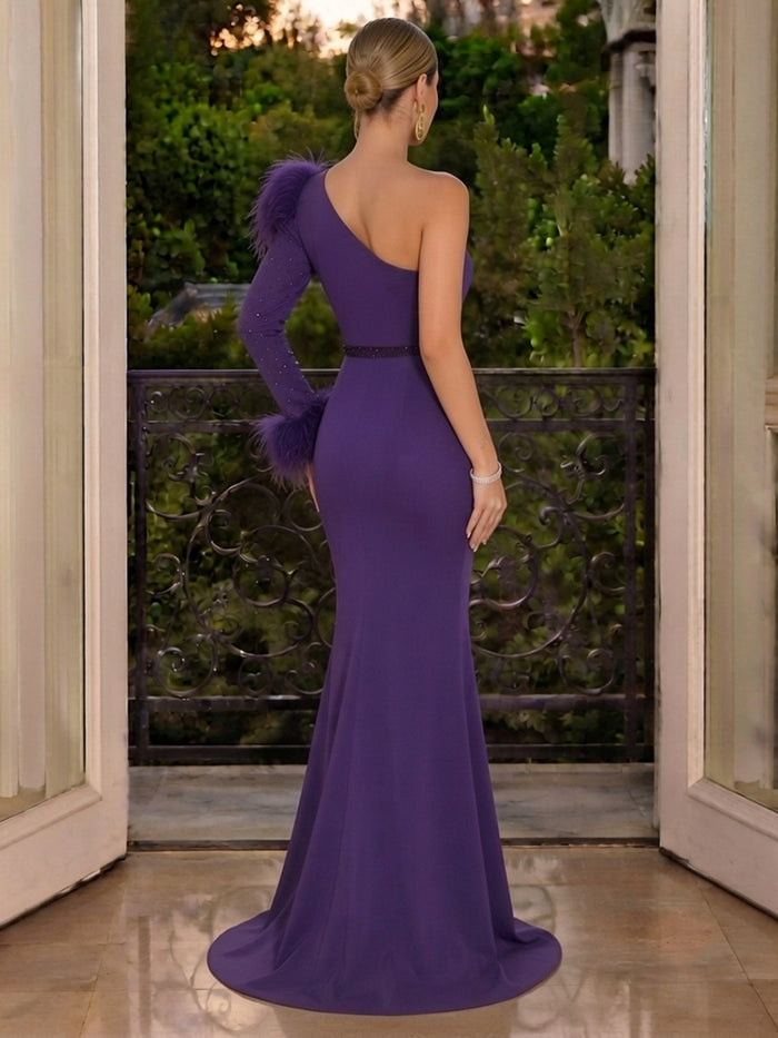 Jersey Mermaid One Shoulder Evening Dresses with Luxurious Feather