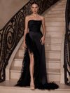 Satin Mermaid Strapless Evening Dresses with Dramatic Feather Trim Along High Slit