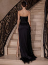 Satin Mermaid Strapless Evening Dresses with Dramatic Feather Trim Along High Slit