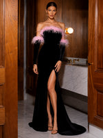 Velvet Mermaid Strapless Evening Dresses with Dramatic Front High Slit & Mermaid Train