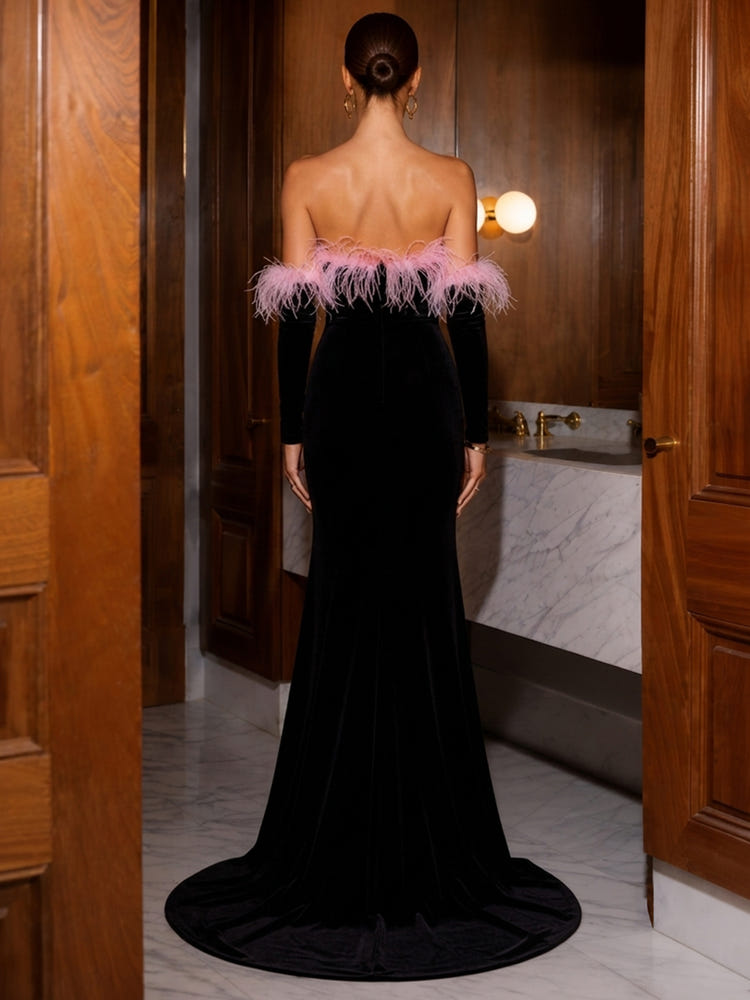 Velvet Mermaid Strapless Evening Dresses with Dramatic Front High Slit & Mermaid Train