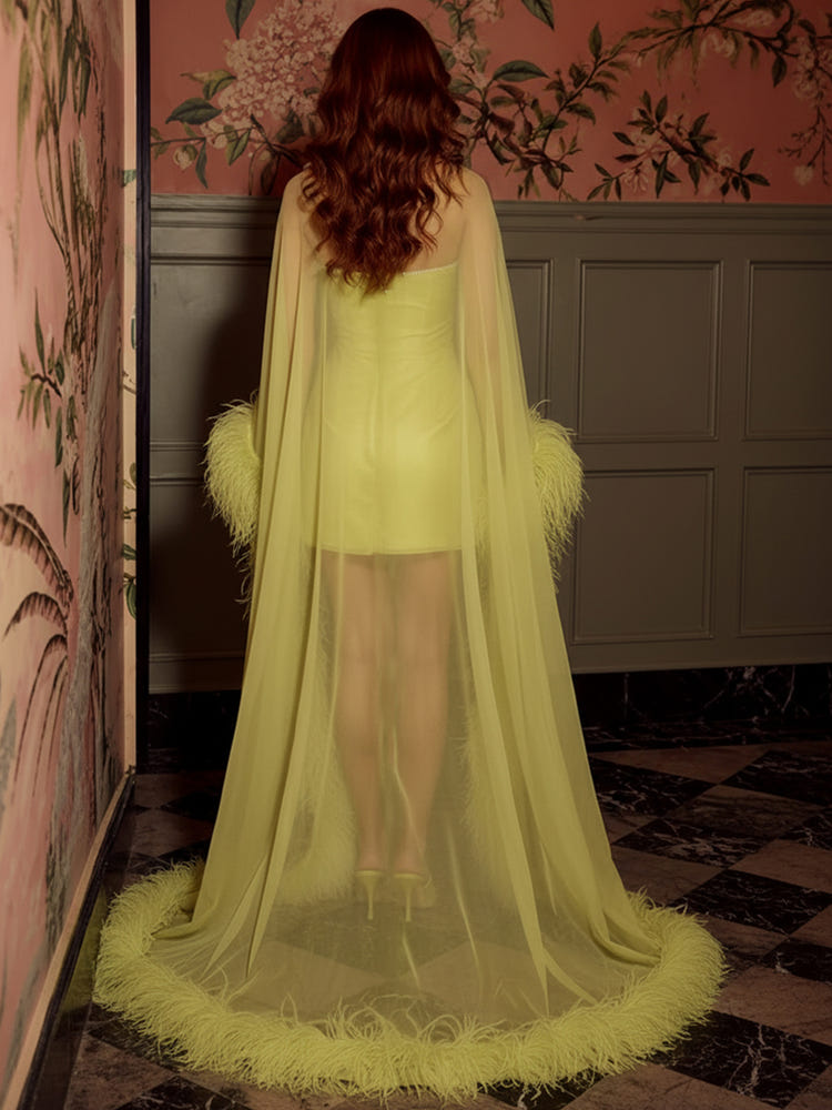 Tulle A-Line Off Shoulder Evening Dresses with Sheer Chiffon Flowing Cape