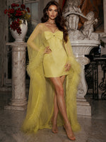 Tulle Sheath V Neck Evening Dresses with Sheer Chiffon Flowing Cape