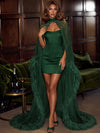 Satin Bodycon Spaghetti Straps Evening Dresses with Sheer Chiffon Flowing Cape