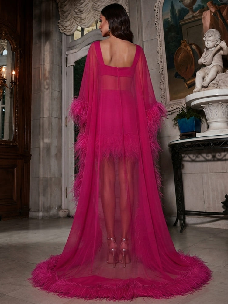 Satin Bodycon Square Neck Evening Dresses with Sheer Chiffon Flowing Cape