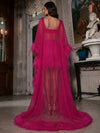 Satin Bodycon Square Neck Evening Dresses with Sheer Chiffon Flowing Cape