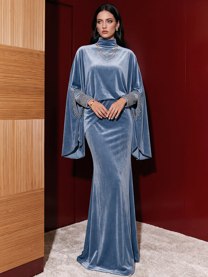 Velvet Mermaid High Neck Evening Dresses with Hand‑Set Rhinestone Beaded Cuffs