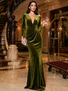 Velvet Mermaid V Neck Evening Dresses with Draped Twisted Wrap Waist