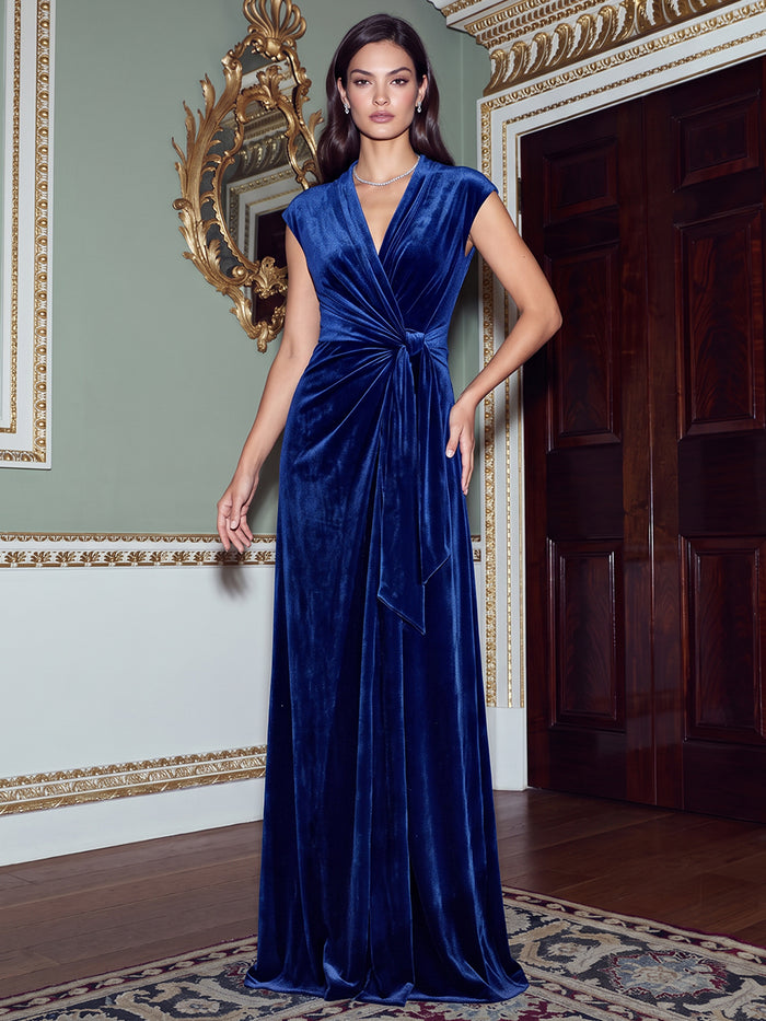 Velvet A-Line V Neck Evening Dresses with Twisted Tie Knot Waist Detail