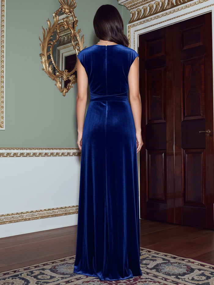 Velvet A-Line V Neck Evening Dresses with Twisted Tie Knot Waist Detail