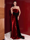 Velvet Mermaid Strapless Evening Dresses with Striking Contrast Oversized Bow