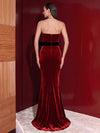 Velvet Mermaid Strapless Evening Dresses with Striking Contrast Oversized Bow