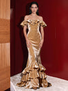 Velvet Mermaid Off Shoulder Evening Dresses with Multi‑Tiered Ruffle Mermaid Hem