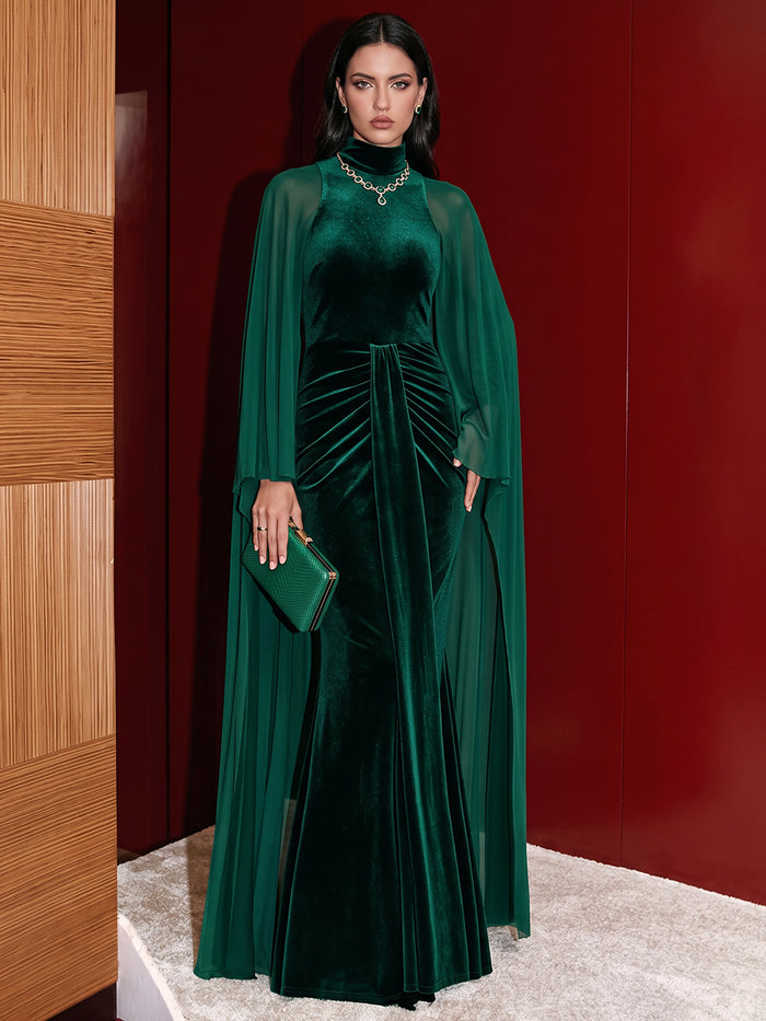 Velvet Mermaid High Neck Evening Dresses with Sheer Flowing Chiffon Cape Overlay