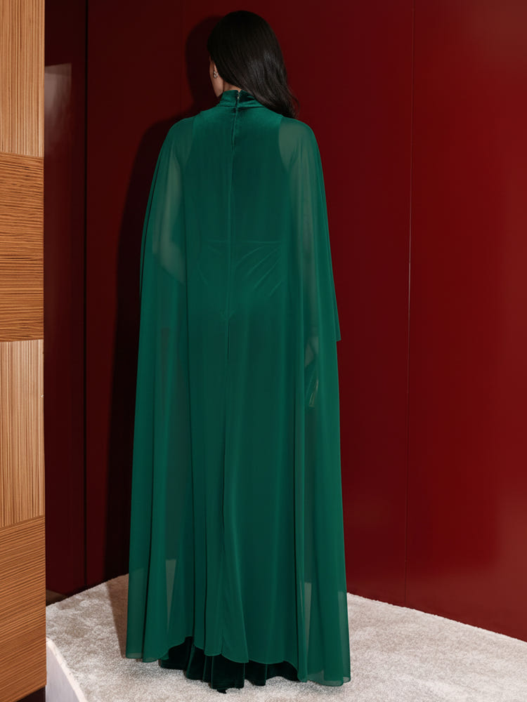 Velvet Mermaid High Neck Evening Dresses with Sheer Flowing Chiffon Cape Overlay