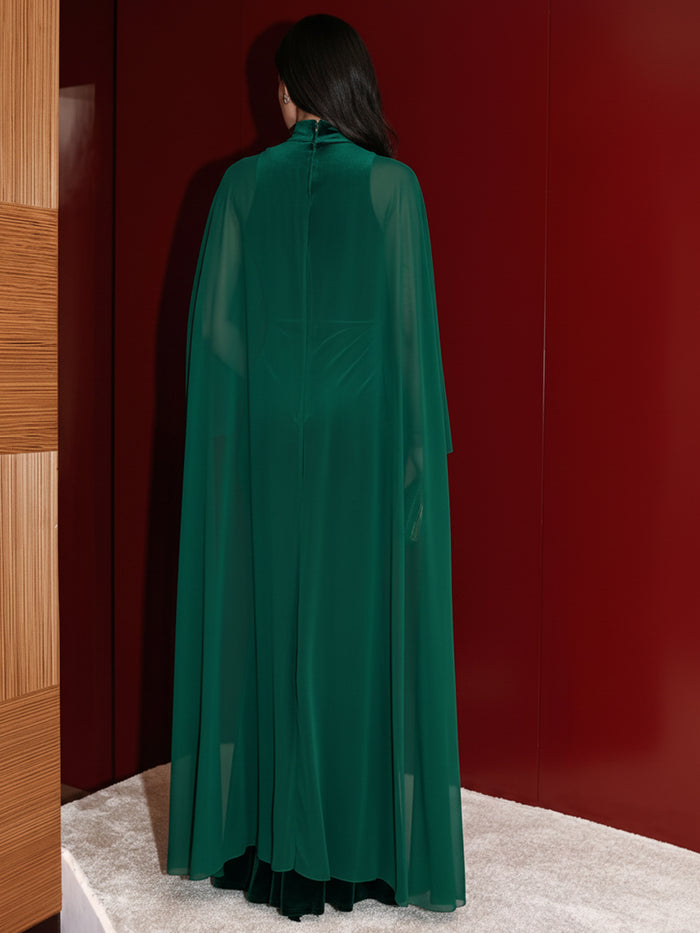Velvet Mermaid High Neck Evening Dresses with Sheer Flowing Chiffon Cape Overlay