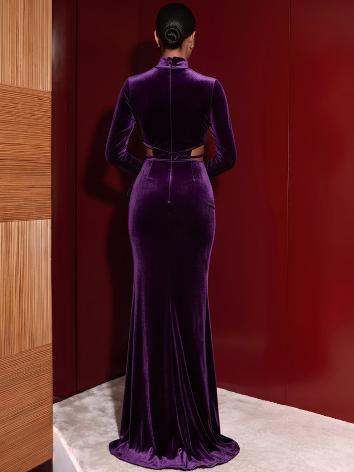 Velvet Mermaid High Neck Evening Dresses with Side Cutout Criss‑Cross Lace‑Up