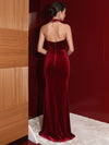 Velvet Mermaid High Neck Evening Dresses with Side Cutout Criss‑Cross Lace‑Up