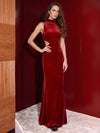 Velvet Mermaid High Neck Evening Dresses with Waist Cutout