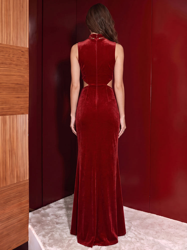 Velvet Mermaid High Neck Evening Dresses with Waist Cutout