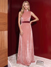 Velvet A-Line High Neck Evening Dresses with Striking Contrast Burgundy Velvet Waistband