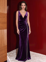 Velvet Mermaid V Neck Evening Dresses with Side Waist Ruched Shaping Detail