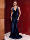 Velvet Mermaid V Neck Evening Dresses with Side Waist Ruched Shaping Detail