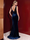 Velvet Mermaid V Neck Evening Dresses with Side Waist Ruched Shaping Detail