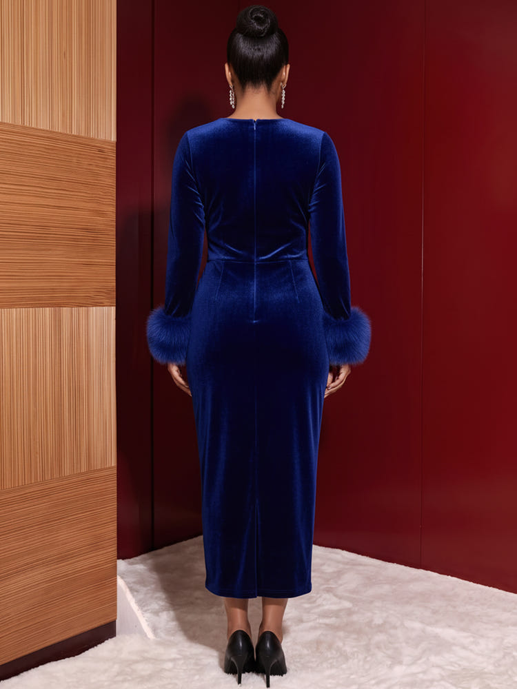 Velvet Sheath Crew Neck Evening Dresses with Luxurious Faux Fur Cuff Decoration