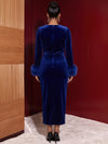 Velvet Sheath Crew Neck Evening Dresses with Luxurious Faux Fur Cuff Decoration