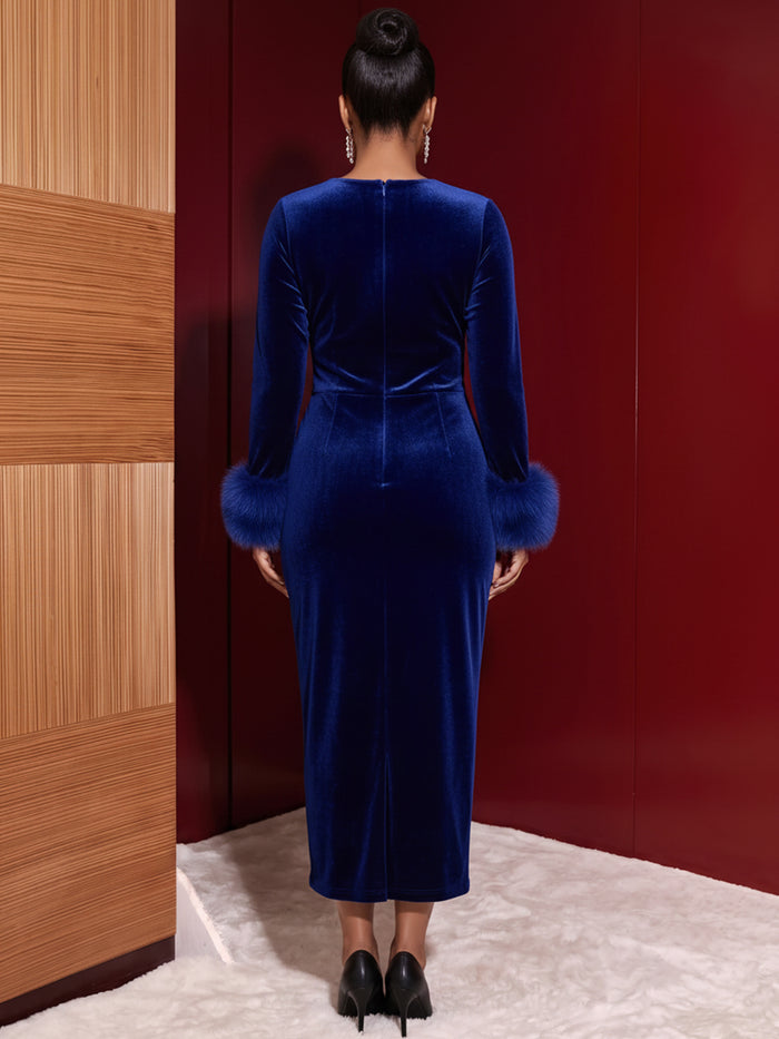 Velvet Sheath Crew Neck Evening Dresses with Luxurious Faux Fur Cuff Decoration