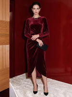 Velvet Sheath Crew Neck Evening Dresses with Side Waist Ruched Shaping Detail