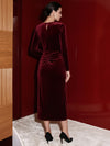 Velvet Sheath Crew Neck Evening Dresses with Side Waist Ruched Shaping Detail